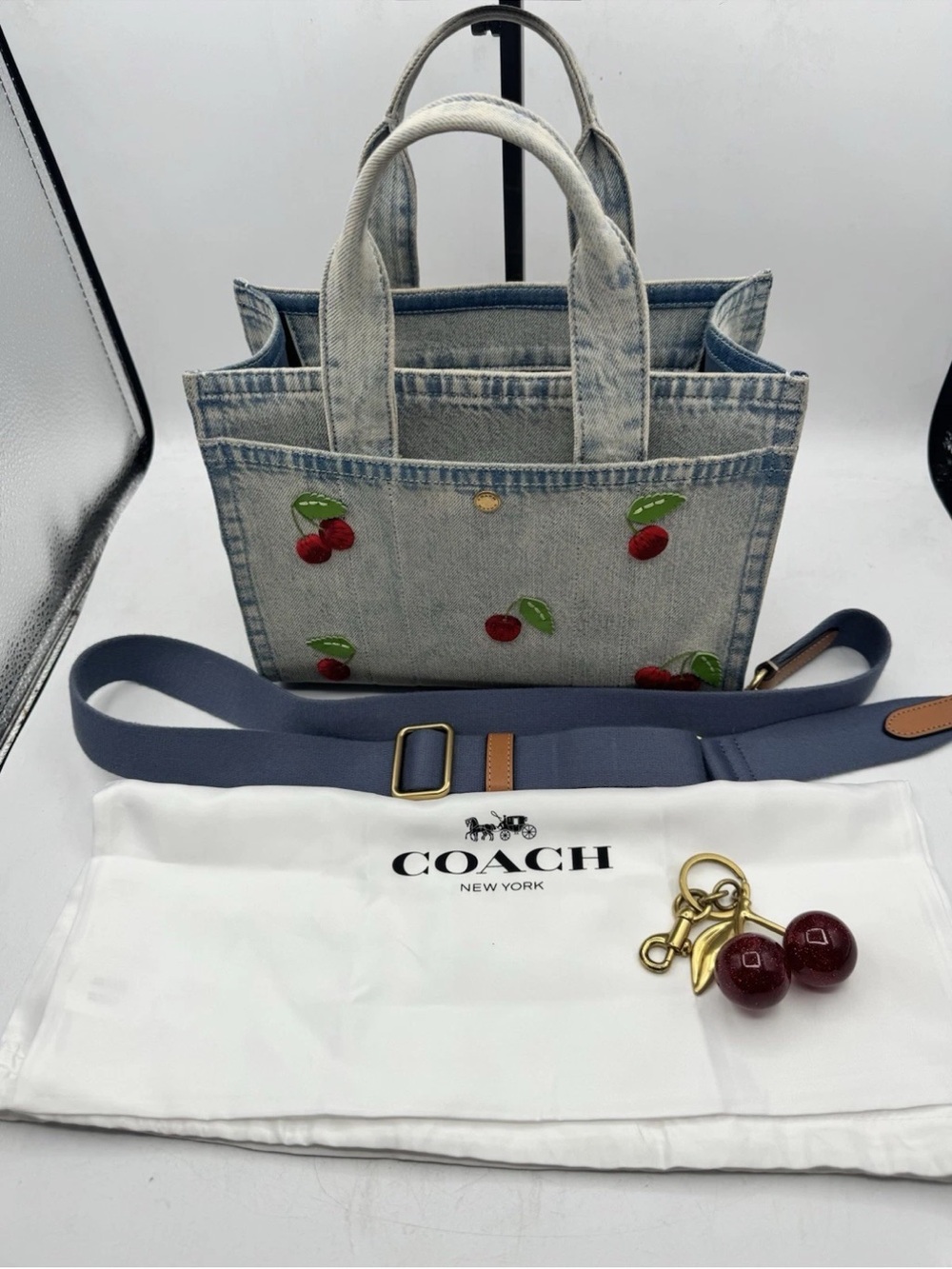 Coach New York Denim Cherry Appliqué Tote - Light Blue with strap, dust bag, - Picture 10 of 13